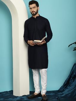 SOJANYA - Cotton Checked Embroidered Navy Blue Kurta and Churidar