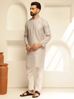 SOJANYA - Silk Blend Contrast Embroidered Grey Kurta with Pant