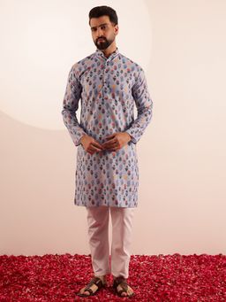 SOJANYA - Cotton Linen Floral Printed Blue Kurta with Pant