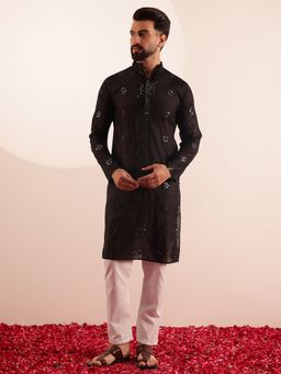 SOJANYA - Cotton Silk Mirror Embroidered Black Kurta with Pant