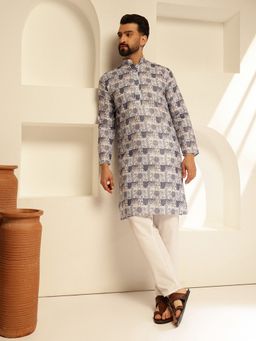 SOJANYA - Cotton Linen Printed Blue Kurta with Pant