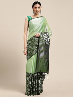 Banarasi Silk Works - Green Zari Kanchi Silk Tanchoi Meena Saree with Unstitched Blouse