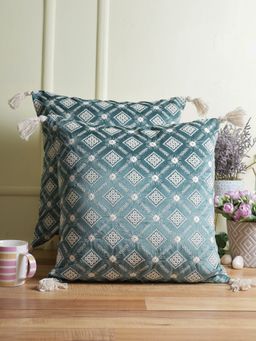 Eyda - Super Soft Green Color Set Of 2 Embroidered Cushion Cover-18X18 Inch