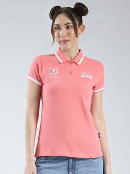 Rock.it - Womens Peach Printed Collar Neck Polo T-shirt