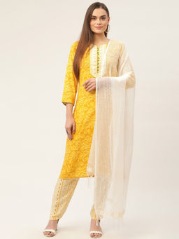 Jompers - Women Yellow Green Printed Kurta with Pants and Dupatta (Set of 3)