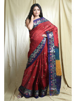 Arhi - Red Blended Cotton Handwoven Soft Saree With Allover Flower Butta with Unstitched