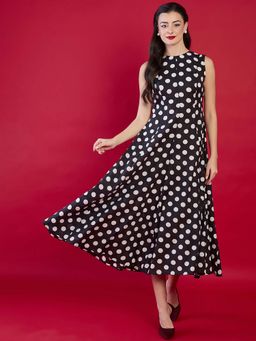 Uptownie - Black Polka Dots Pure Cotton Panelled Midi Dress