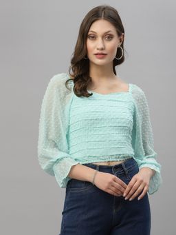 KASSUALLY - Casual Self Design Women Blue Crop Top