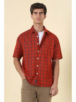 Allen Solly - Men Red Relaxed Fit Check Half Sleeves Casual Shirt