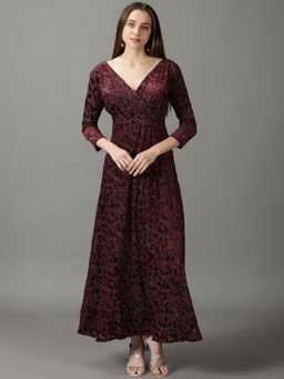 SHOWOFF - Womens Fit & Flare Burgundy Embellished Maxi Dress