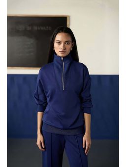 Muvazo - Navy Blue Scuba Solid Oversized Sweatshirt