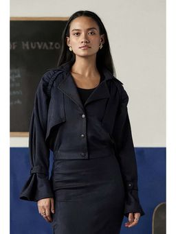 Muvazo - Navy Blue Suede Solid Cropped Jacket