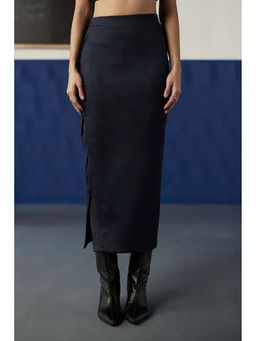 Muvazo - Indivra Suede Solid Navy Blue Midi Skirt
