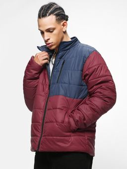Bewakoof - Men's Maroon & Blue Color Block Oversized Puffer Jacket