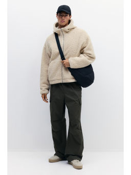 H&M - Men Beige Loose Fit Teddy Zip-Through Hoodie