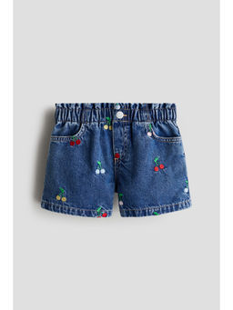 H&M - Girls Blue Embroidered-Motif Denim Shorts