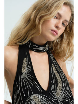 H&M - Women Black Embellished Halterneck Top