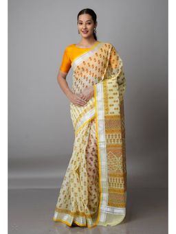 Unnati Silks - Pastel Yellow Pure Block Printed Kota Cotton Saree with Unstitched Blouse