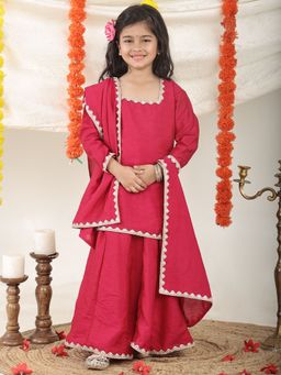 Superminis - Girls Magenta Ethnic Silk Blend Kurta, Palazzo with Dupatta