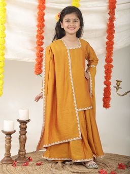 Superminis - Girls Mustard Ethnic Silk Blend Kurta, Palazzo with Dupatta