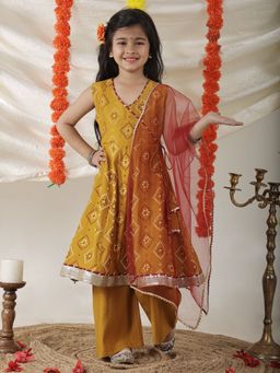 Superminis - Girls Mustard Ethnic Printed Anarkali Kurta, Palazzo with Dupatta