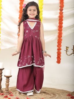 Superminis - Girls Wine Cotton Blend Embroidered Kurta Sharara with Dupatta