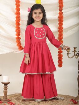 Superminis - Girls Magenta Ethnic Cotton Blend Kurta and Sharara