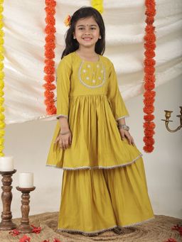 Superminis - Girls Mustard Ethnic Cotton Blend Kurta and Sharara