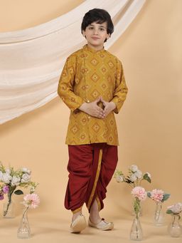Superminis - Boys Mustard Ethnic Printed Kurta and Dhoti