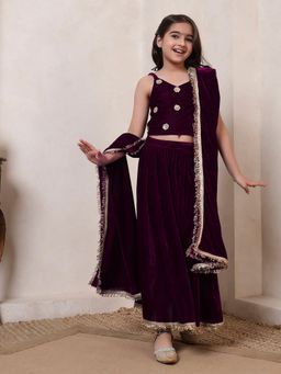 Bugandbees - Girls Wine Top Lehenga with Dupatta