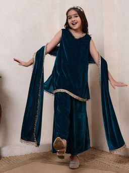 Bugandbees - Girls Teal Kurta Palazzo with Dupatta