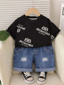 Googo Gaaga - Kids Boys Printed Round Neck Black T-Shirt and Shorts