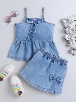 Bright Star Kids Wear - Blue Cloud Washed Ruffled Strap Top and Skorts