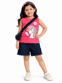 Bright Star Kids Wear - Girls Cotton Unicorn Print Top and Shorts With Bag