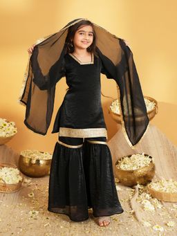 AJ Dezines - Black Lace Work Silk blend Kurta Sharara with Dupatta
