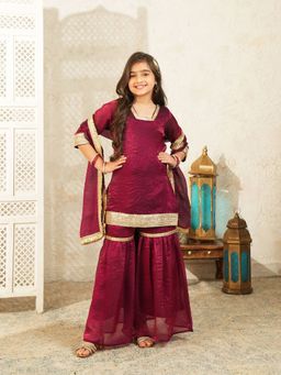 AJ Dezines - Wine Lace Work Silk blend Kurta Sharara with Dupatta