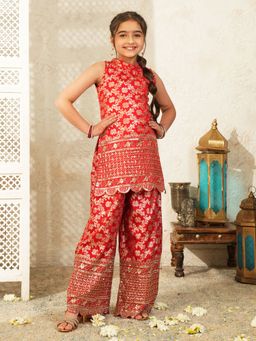AJ Dezines - Red Heavy Embroidered Brocade Kurta and Palazzo