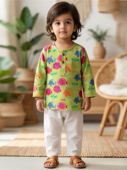 Lil Pitaara - Green Pure Cotton Kurta and Pyjama