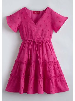 Hopscotch - Girls Pink Self Design Casual Dress