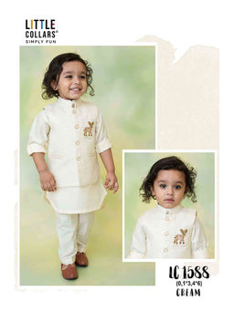 Little Collars - Reindeer Shaped Sequins Kurta and Pyjama with Nehru Jacket - Cream