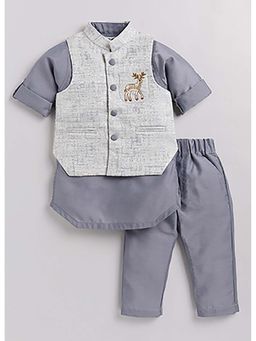 Little Collars - Reindeer Shaped Sequins Kurta and Pyjama with Nehru Jacket - Grey