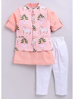 Little Collars - Woven Kurta and Pyjama with Printed Nehru Jacket- Peach