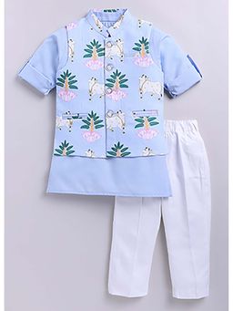Little Collars - Woven Kurta and Pyjama with Printed Nehru Jacket- Blue