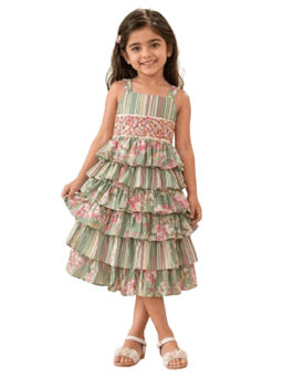 TWISHA - Woven Cotton Sleeveless All Over Printed Dress -Olive Green and Pink