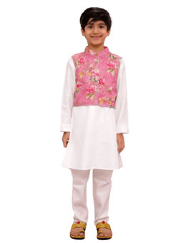 TWISHA - Woven Solid Kurta and Pyjama with Floral Printed Jacket -Pink and White