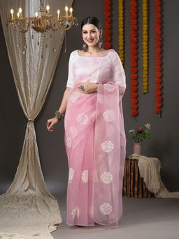 Akhilam - Womens Organza Pink Embroidered Designer Saree with Unstitched Blouse