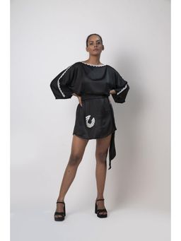 House of Varada - Black Kimono Mini Beach Dress and Belt (Set of 2)