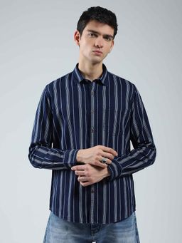 Monte Carlo - Men's Striped Navy Blue Collar Neck Full Sleeve Shirt