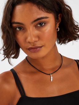 Accessorize London - Women Silver Feather Pendant Cord Necklace