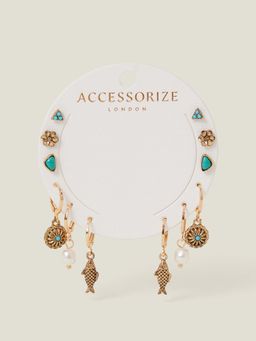 Accessorize London - Women Fish Charm Stud and Hoop Earrings (Pack of 6)